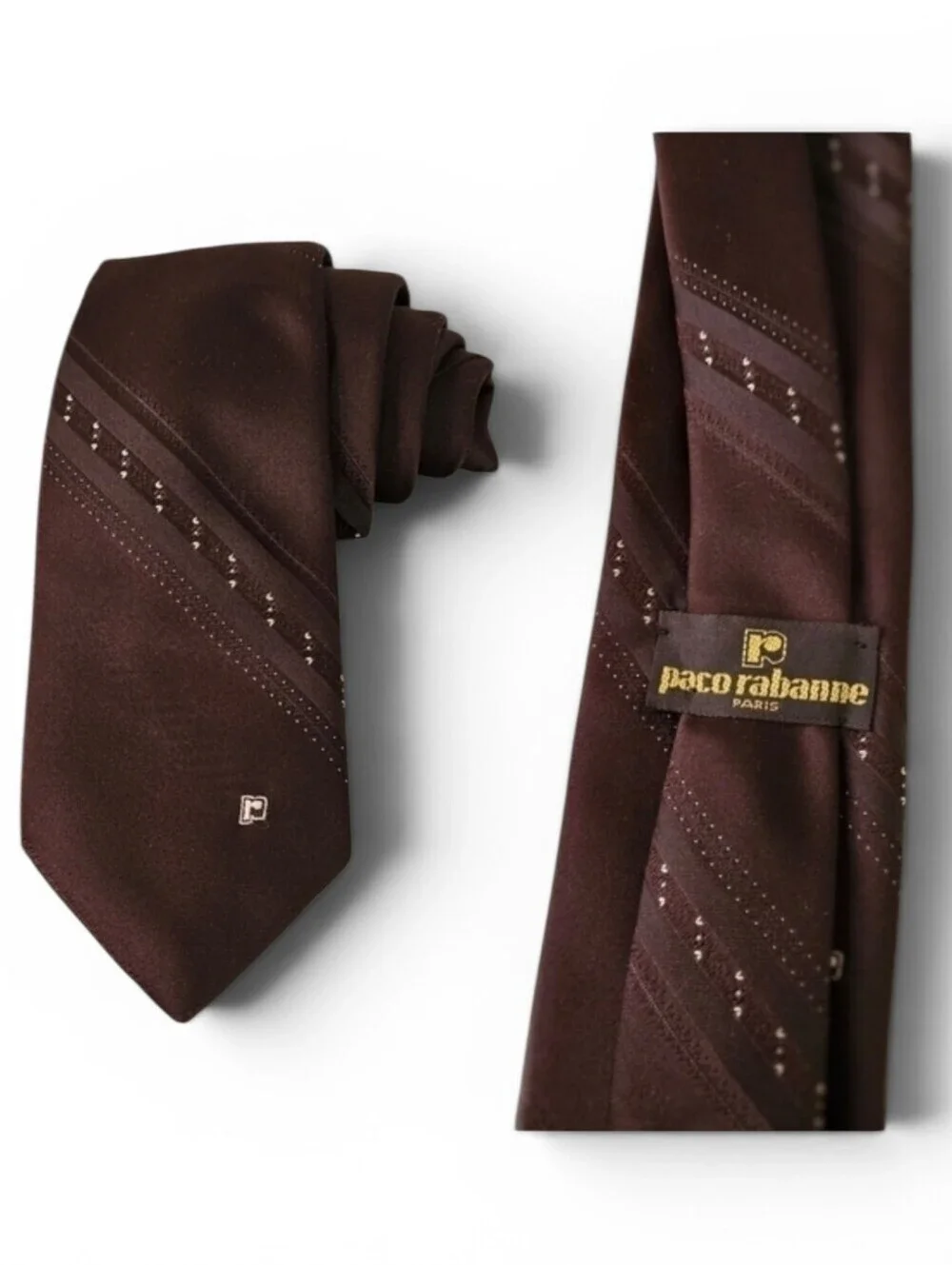 Paco Rabanne Paris Embroidered Vintage Monogram Necktie in Umber Brown and Tan